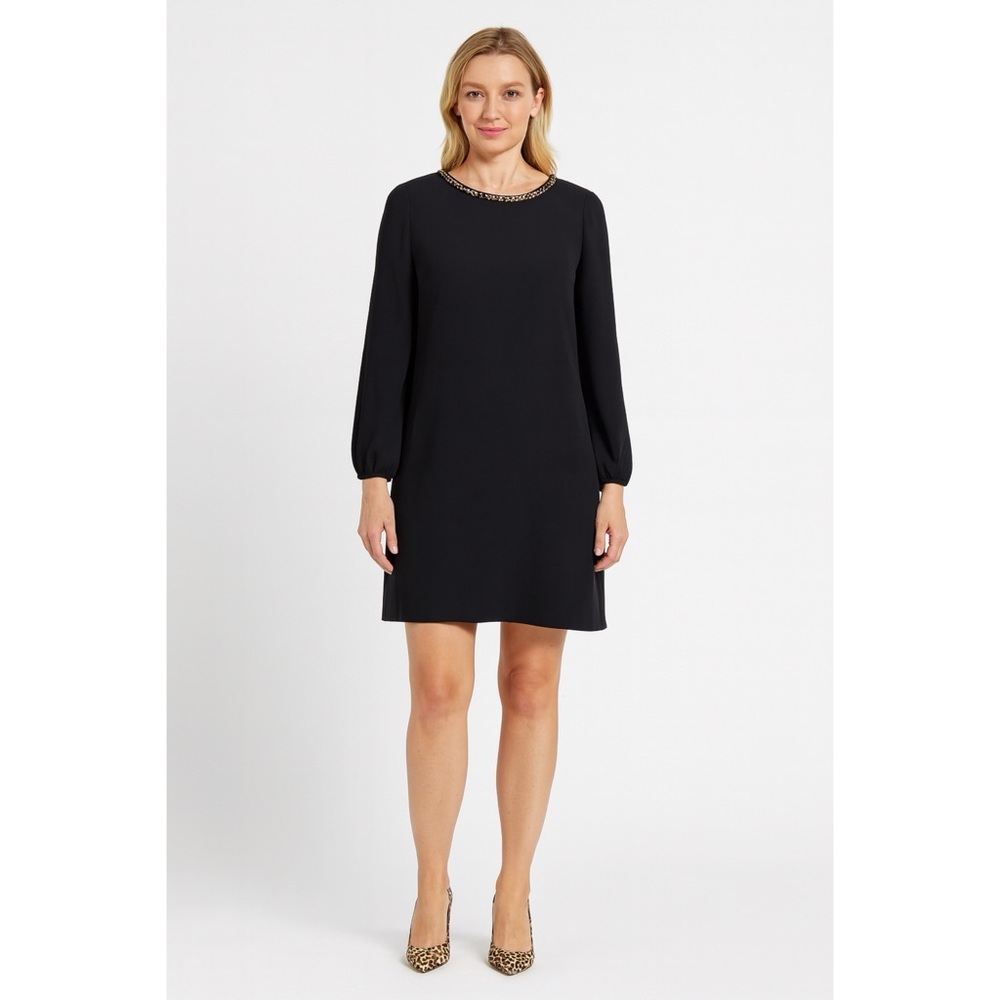 Tahari Dress Black Long Sleeve Gold Chain Neck Trim Size 2